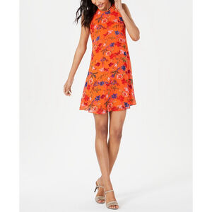 CALVIN KLEIN womens orange floral printed sleevless swing dress